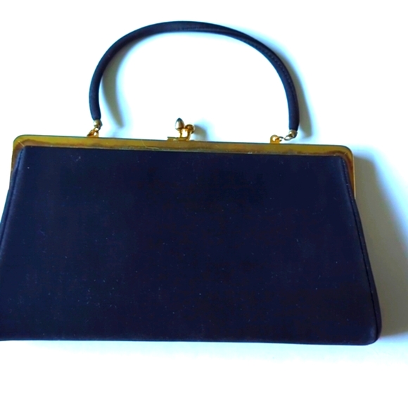 Vintage Black Satin Ande Clutch Purse Gold Embellishments across Top & Snap - Picture 4 of 8